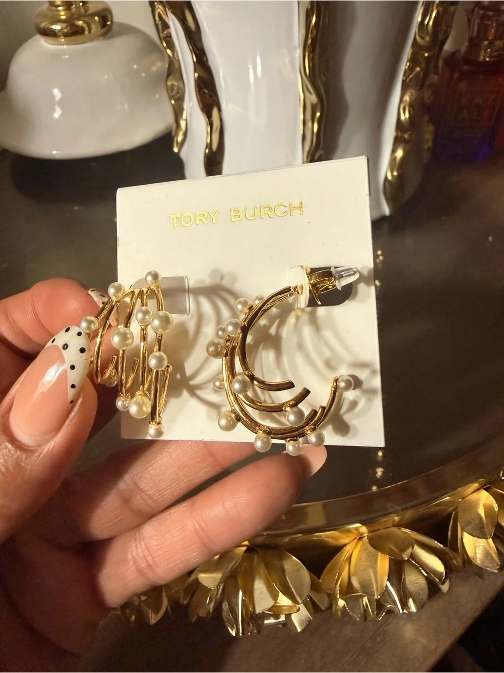Tory Burch Gold Hoop Earrings with Pearl Accents $220 online